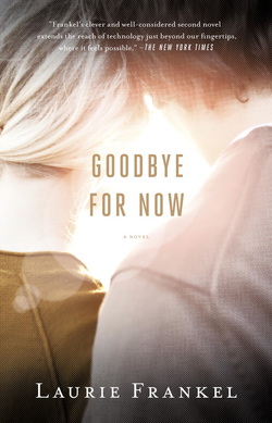Paperback book cover for Goodbye For Now. The backs of two people made up of tiny emojis.