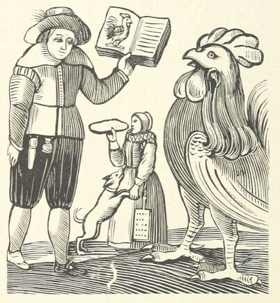 Old woodcut print featuring a man reading a book about a rooster to a giant rooster and a woman with a primer, a dog, and perhaps a pizza.